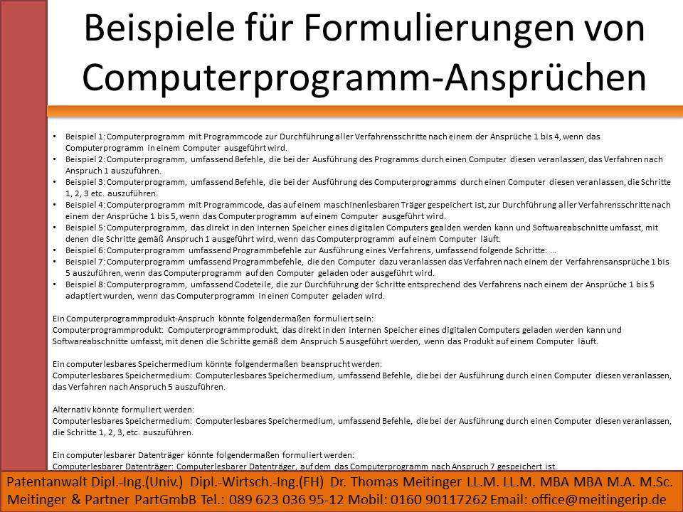 Beispiele für Formulierungen von Computerprogramm-Ansprüchen