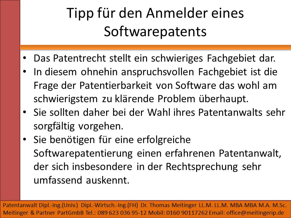 Tipp für den Anmelder eines Softwarepatents